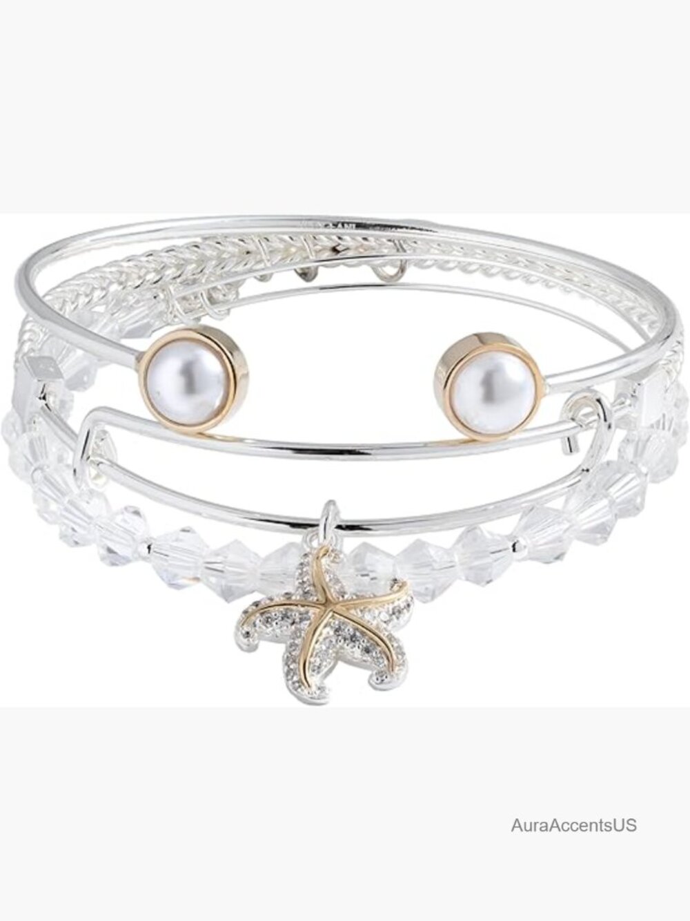Set of 3 Textured Starfish Pearl Charm Bangle Bracelets